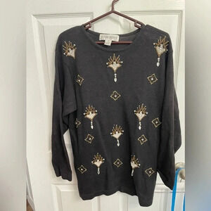 Victoria Harbour Ramie Black Gold Bead Embellished Design Black Sweater M VTG